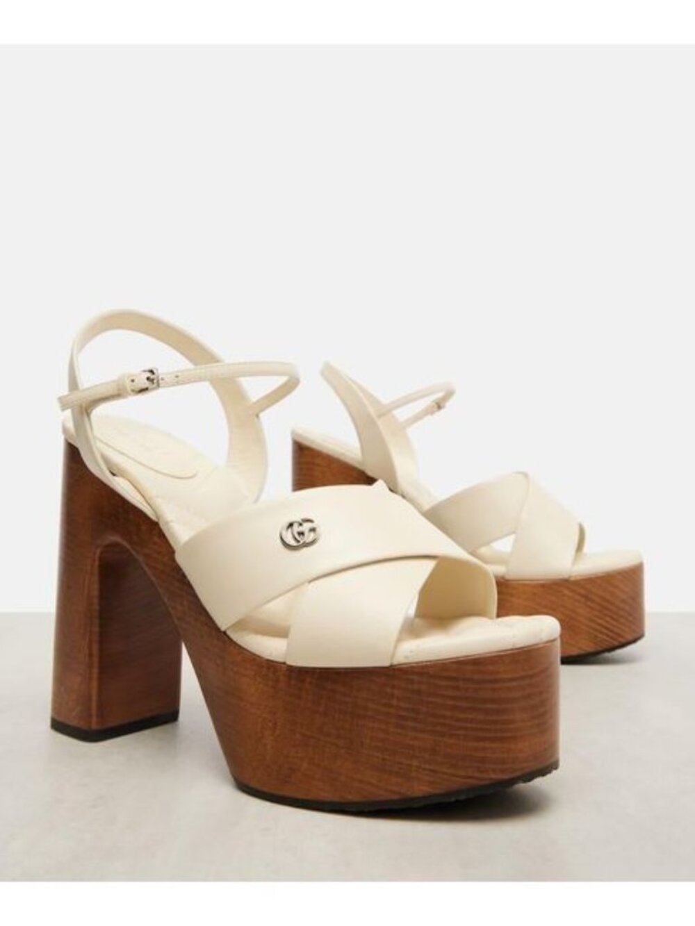 NEW Gucci Marmont GG Logo Embellished Leather Platform Sandals Cream